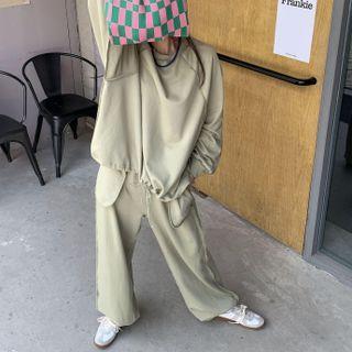 Set: Drawstring-cuff Sweatshirt + Wide-leg Sweatpants