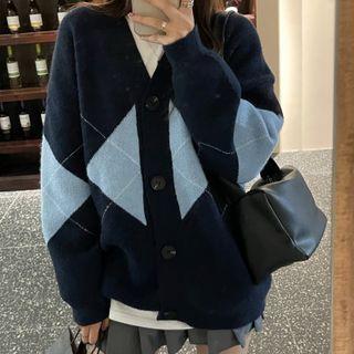 Argyle Contrast Cardigan Blue - One Size