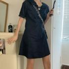 Short-sleeve Plain Mini Dress Navy Blue - One Size