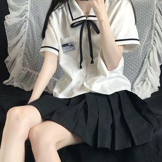 Short-sleeve Shirt / Bow Tie / Mini A-line Skirt / Set (various Designs)
