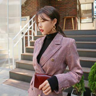 Peaked-lapel Glen-plaid Wool Blend Coat