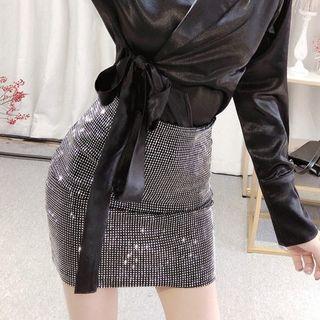 V-neck Blouse / Sequined Pencil Skirt