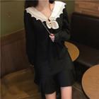 Sailor Collar Long-sleeve Mini A-line Dress Black - One Size