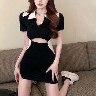 Short-sleeve Two-tone Cutout Polo Bodycon Dress