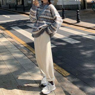 Ethnic-print Loose-fit Sweater / Corduroy Straight-cut Pants