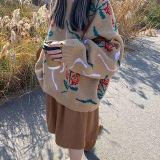 Flower Knit Sweater / High-waist Wide-leg Shorts