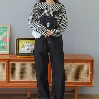 Dog Embroidered Denim Jumper Pants