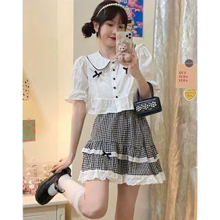 Short-sleeve Peter Pan Collar Blouse / Gingham Mini A-line Skirt