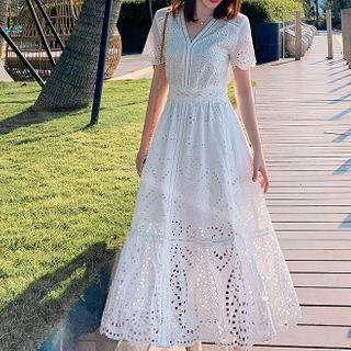 Short-sleeve Lace V-neck Midi Dress