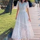 Short-sleeve Lace V-neck Midi Dress