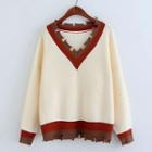 Contrast Trim Ripped Sweater Off White - One Size