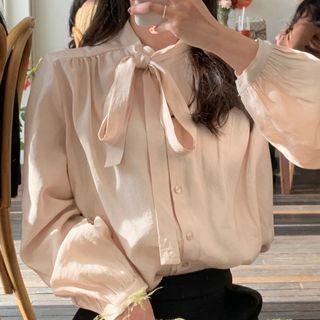 Bow-neck Plain Blouse Almond - One Size