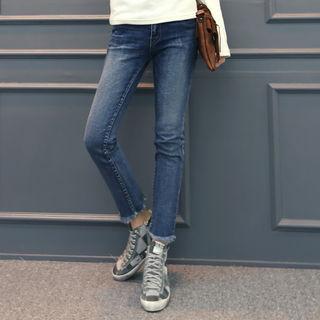 Fringed Brushed-fleece Lined Straight-cut Jeans