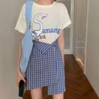 Crewneck Printed Oversize Top / High-waist Plaid A-line Mini Skirt