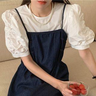Puff-sleeve Blouse / Denim Midi Overall Dress / Set