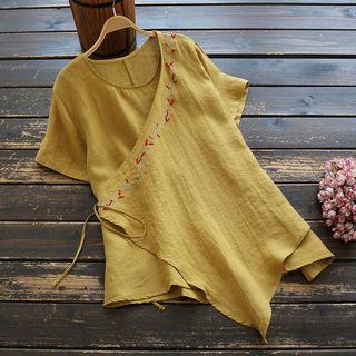 Embroidered Short-sleeve Wrap Top