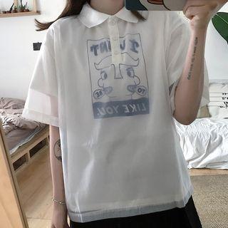 Elbow-sleeve Mesh Overlay Cartoon Printed Polo Shirt