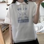 Elbow-sleeve Mesh Overlay Cartoon Printed Polo Shirt