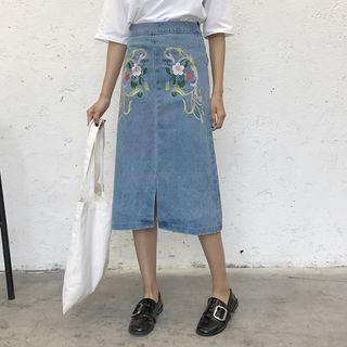 Midi Embroidered Denim Skirt