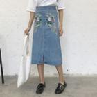 Midi Embroidered Denim Skirt