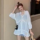 See-through Long-sleeve Loose-fit Blouse As Figure - One Size