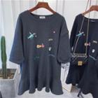 3/4-sleeve Cartoon Embroidered Mini Pullover Dress