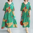 Printed Elbow-sleeve Maxi A-line Dress As Shown In Figure - One Size