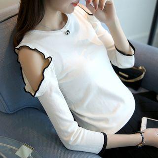 Contrast Trim Cold Shoulder 3/4-sleeve Knit Top
