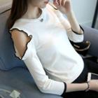 Contrast Trim Cold Shoulder 3/4-sleeve Knit Top