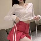 Long-sleeve Henley Cropped T-shirt White - One Size