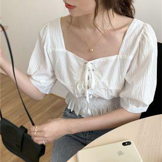 Short-sleeve Square-neck Lace-up Slim-fit Top White - One Size