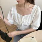 Short-sleeve Square-neck Lace-up Slim-fit Top White - One Size
