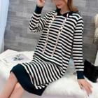 Striped Hooded Long-sleeve Midi Knit Dress