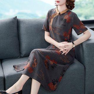 Print Short-sleeve Slit Midi A-line Dress