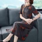 Print Short-sleeve Slit Midi A-line Dress