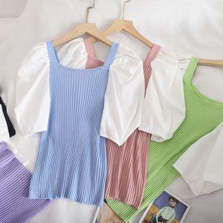 Puff-sleeve Panel Ribbed Knit Top