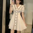 Puff-sleeve Contrast Trim Ruffled A-line Dress