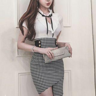 Short-sleeve Mock Two-piece Asymmetric Sheath Dress