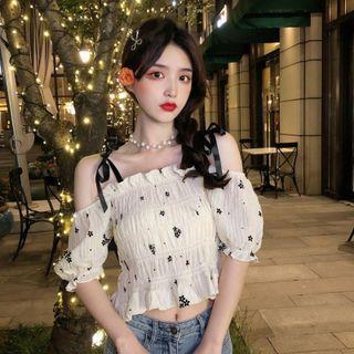 Floral Lace-up Spaghetti Strap Off-shoulder Top