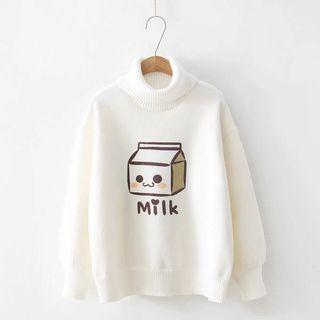 Turtleneck Milk Carton Print Sweater