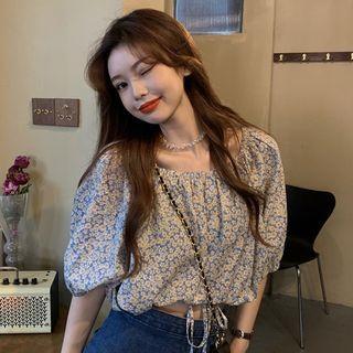 Puff-sleeve Flower Print Cropped Blouse Floral - Blue - One Size
