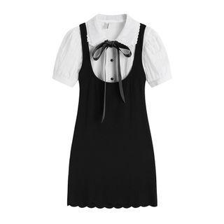 Short-sleeve Collared Bow Mini Sheath Dress