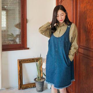 Fringed Denim Boxy Pinafore Dress