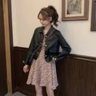 Plain Single-breasted Faux Suede Long-sleeve Blazer / Floral V-neck Slim-waist A-line Long-sleeve Dress