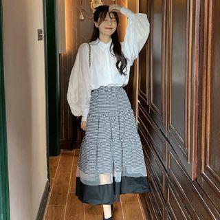 Paneled Gingham Midi A-line Skirt Gingham - Black & White - One Size