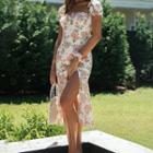 Cap-sleeve Floral Slit Midi A-line Dress
