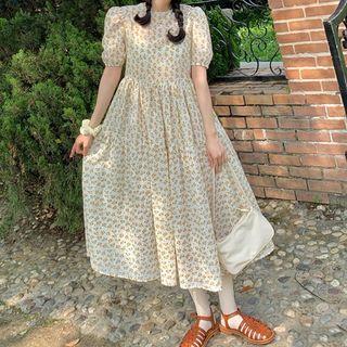 Floral Print Puff-sleeve Chiffon Midi Dress