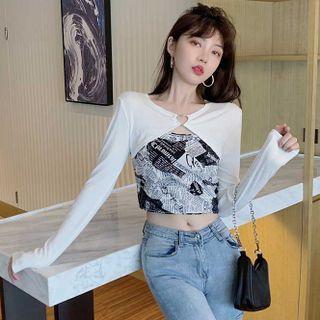 Mock Two-piece Long-sleeve Print Cropped Top