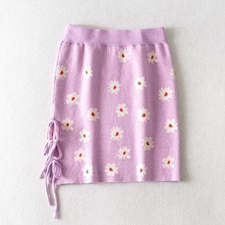 Flower Print Mini Pencil Knit Skirt