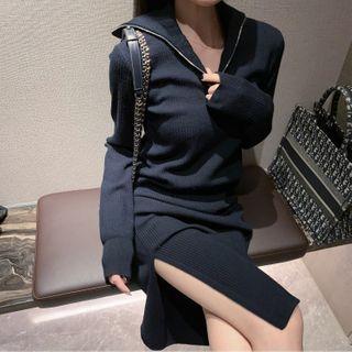Half-zip Slit A-line Knit Dress